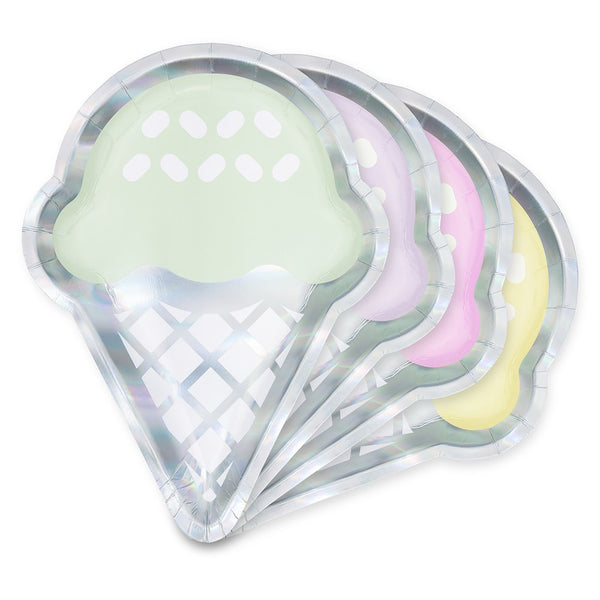 Large Ice Cream Cone Disposable Paper Party Plates - Iridescent - Set Of 8