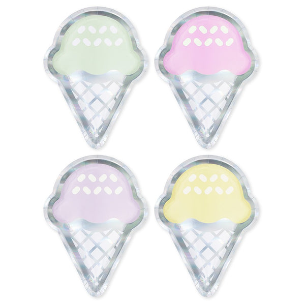 Large Ice Cream Cone Disposable Paper Party Plates - Iridescent - Set Of 8