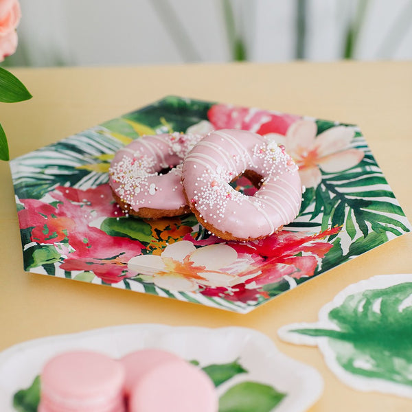 Large Hexagon Disposable Paper Party Plates - Tropical Floral - Set Of 8