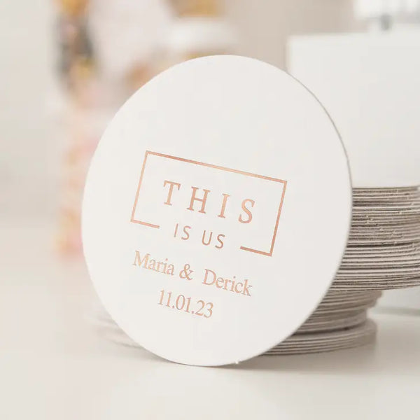 Personalized Paper Coasters - Round - Engagement Party