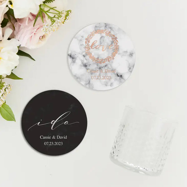 Personalized Marble Paper Coasters - Round - Wedding