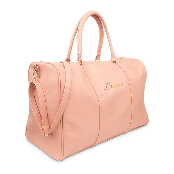 Women's Custom Embroidered Faux Leather Weekender Travel Bag - Light Pink