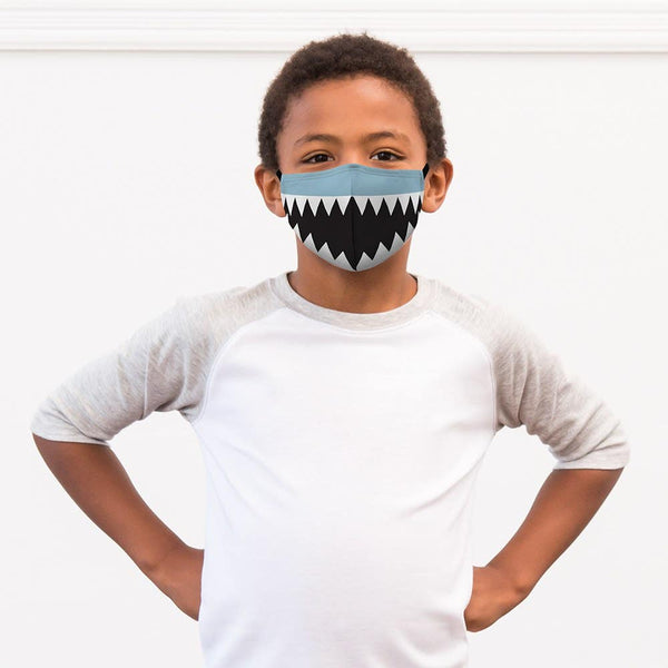 Kid's Reusable, Washable 3 Ply Cloth Face Mask With Filter Pocket - Shark Tooth