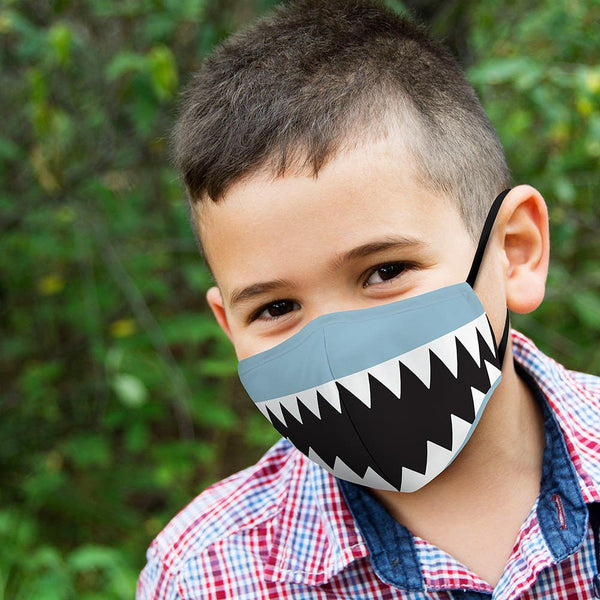 Kid's Reusable, Washable 3 Ply Cloth Face Mask With Filter Pocket - Shark Tooth