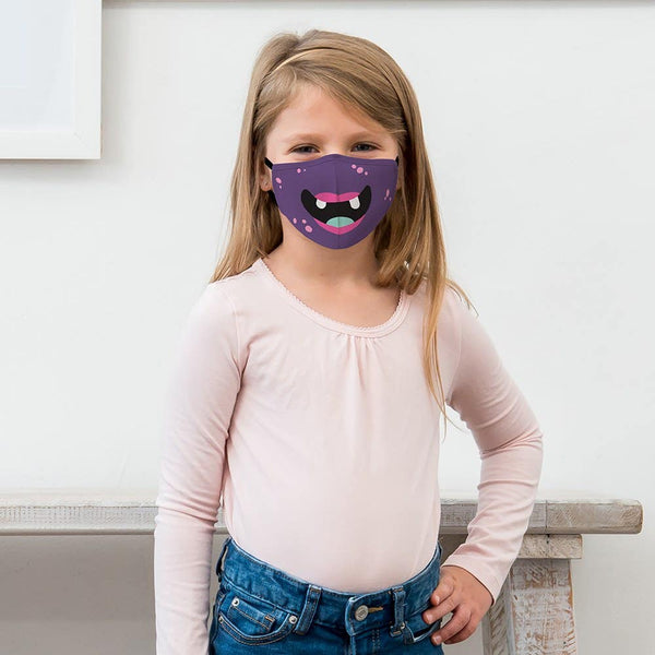 Kid's Reusable, Washable 3 Ply Cloth Face Mask With Filter Pocket - Little Purple Monster