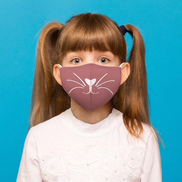 Kid's Reusable, Washable 3 Ply Cloth Face Mask With Filter Pocket - Pink Kitty