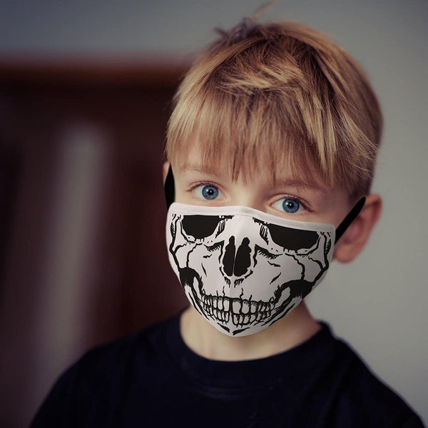 Kid's Reusable, Washable 3 Ply Cloth Face Mask With Filter Pocket - Skull