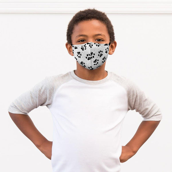 Kid's Reusable, Washable 3 Ply Cloth Face Mask With Filter Pocket - Paw Prints