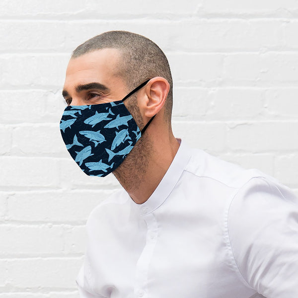 Adult Reusable, Washable 3 Ply Cloth Face Mask With Filter Pocket - Blue Sharks