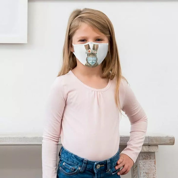 Kid's Reusable, Washable 3 Ply Cloth Face Mask With Filter Pocket - Bunny