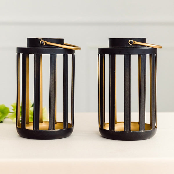 Metal Cylinder Hanging Lantern - Black & Gold - Set Of 2