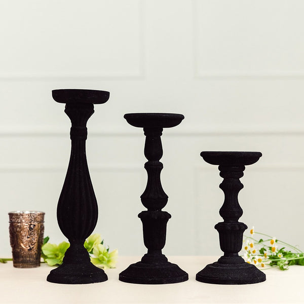 3-Piece Tiered Velvet Spindle Candle Holder Set - Black