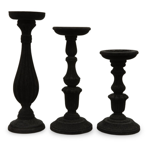 3-Piece Tiered Velvet Spindle Candle Holder Set - Black