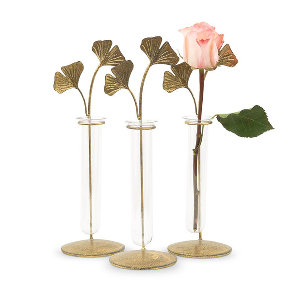 Gold Leaf Glass Test Tube Flower Vases - Set Of 3