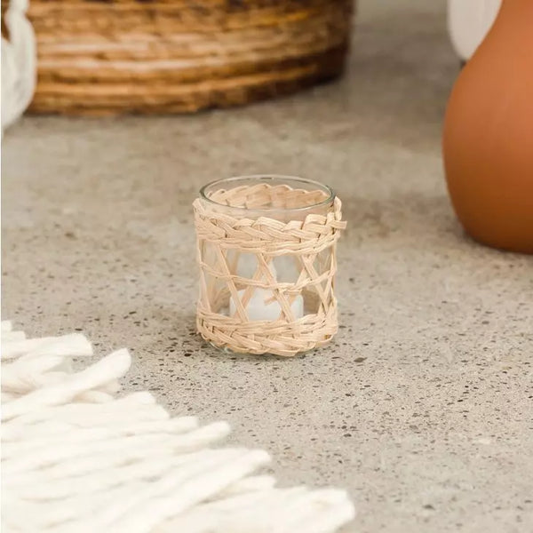 Woven Straw & Glass Votive Candle Holder - Natural - Set of 2