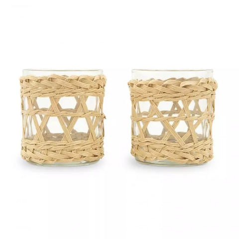 Woven Straw & Glass Votive Candle Holder - Natural - Set of 2