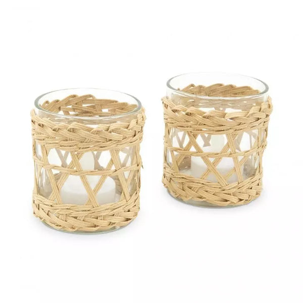 Woven Straw & Glass Votive Candle Holder - Natural - Set of 2