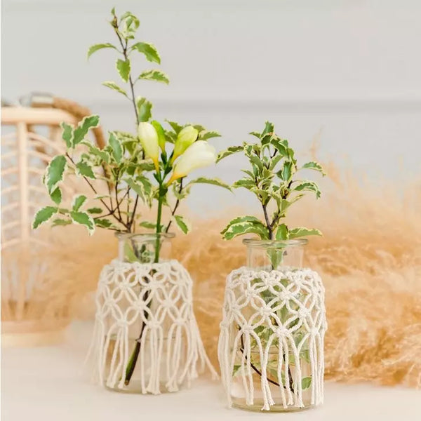 Woven Macrame & Glass Flower Vase - White - Set Of 4