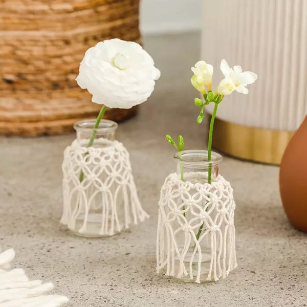 Woven Macrame & Glass Flower Vase - White - Set Of 4