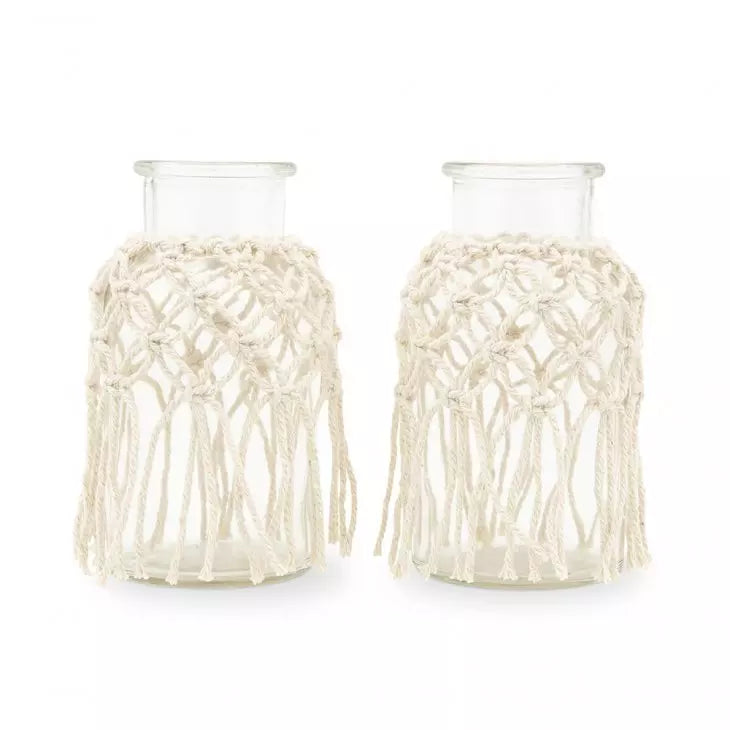 Woven Macrame & Glass Flower Vase - White - Set Of 4