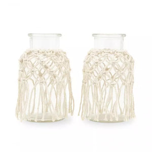 Woven Macrame & Glass Flower Vase - White - Set Of 4