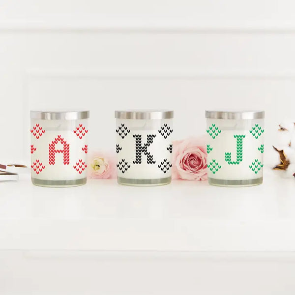 Personalized Glass Jar Gift Candle with Lid - Knit Sweater Initial