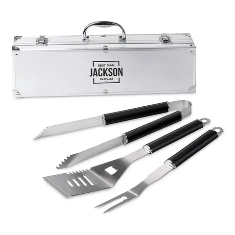 Custom Stainless Steel BBQ Tools Grill Set - Best Man Square Emblem