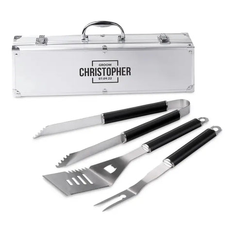 Custom Stainless Steel BBQ Tools Grill Set - Groom Square Emblem