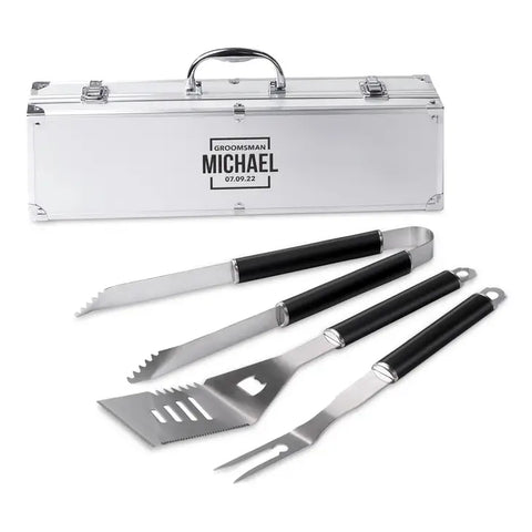 Custom Stainless Steel BBQ Tools Grill Set - Groomsman Square Emblem