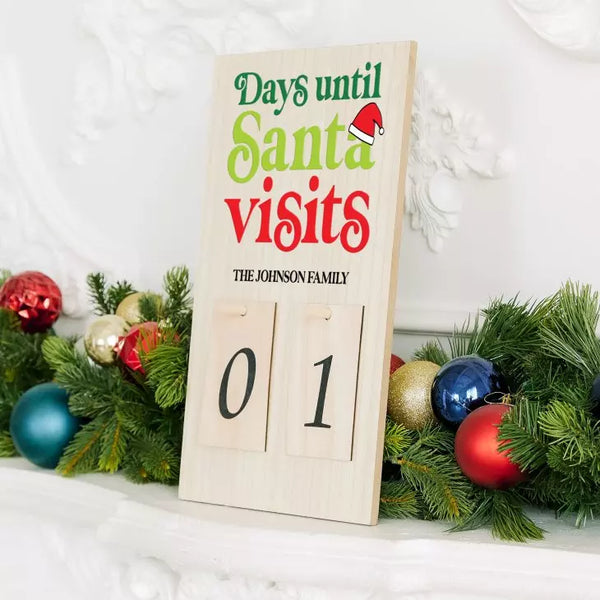 Personalized Wooden Countdown Calendar Sign - Days Until Santa Visits