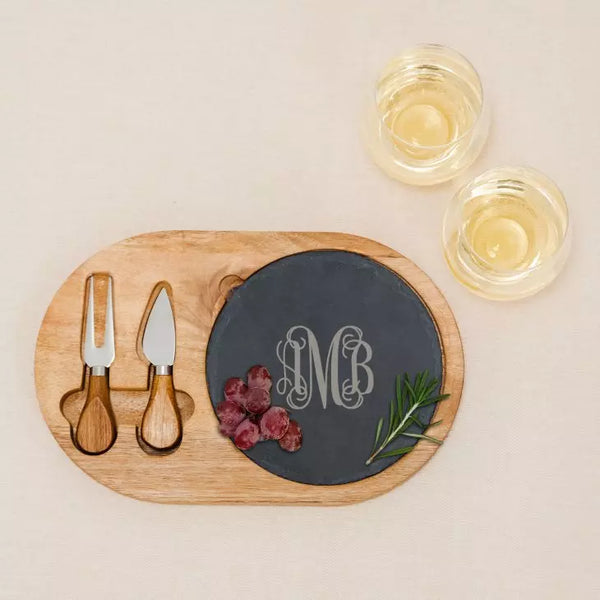 Personalized Wood & Slate Serving Board Set - Script Monogram