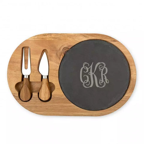 Personalized Wood & Slate Serving Board Set - Script Monogram