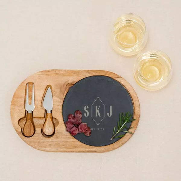 Personalized Wood & Slate Serving Board Set - Geo Monogram