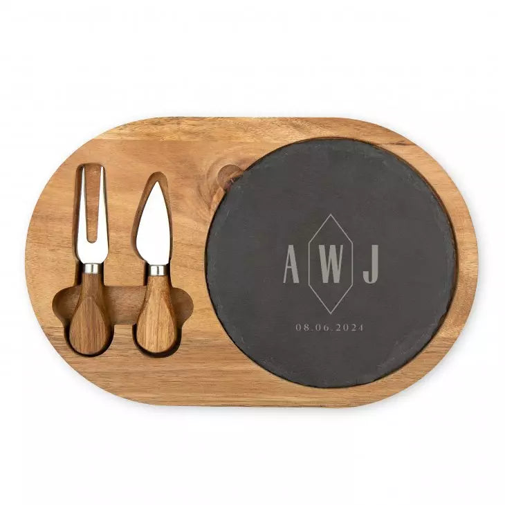 Personalized Wood & Slate Serving Board Set - Geo Monogram