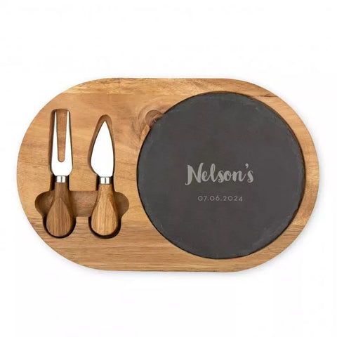 Personalized Wood & Slate Serving Board Set - Retro Script