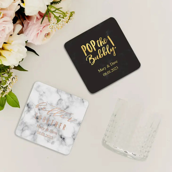 Personalized Marble Paper Coasters - Square - Engagement Party