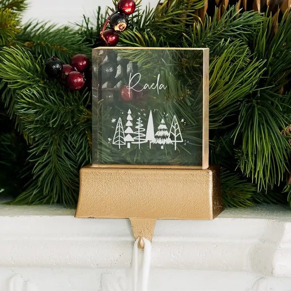 Personalized Acrylic Christmas Stocking Holder with Weighted LED Base - Winter Pines