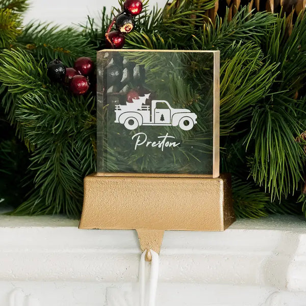 Personalized Acrylic Christmas Stocking Holder with Weighted LED Base - Christmas Truck