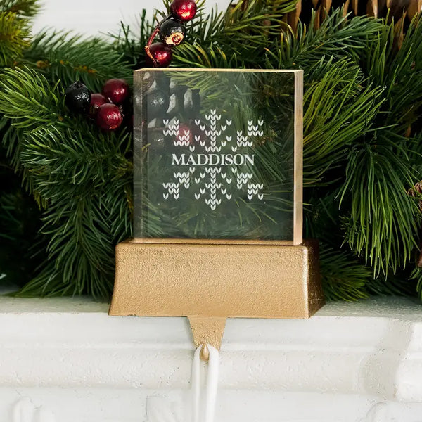 Personalized Acrylic Christmas Stocking Holder with Weighted LED Base - Knit Sweater Snowflake