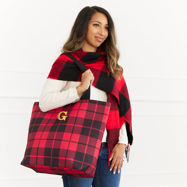 Personalized Extra-Large Cotton Fabric Canvas Tote Bag - Buffalo Plaid