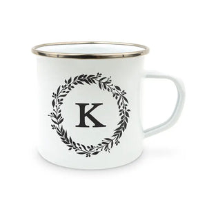 Personalized White Enamel Stainless Steel Coffee Mug - Love Wreath Initial