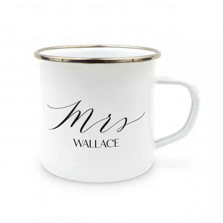 Personalized White Enamel Stainless Steel Coffee Mug - Mrs