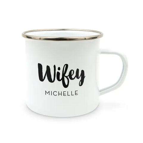 Personalized White Enamel Stainless Steel Coffee Mug - Wifey