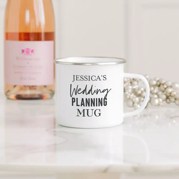 Personalized White Enamel Stainless Steel Coffee Mug - Wedding Planning Mug