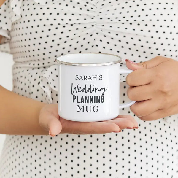 Personalized White Enamel Stainless Steel Coffee Mug - Wedding Planning Mug