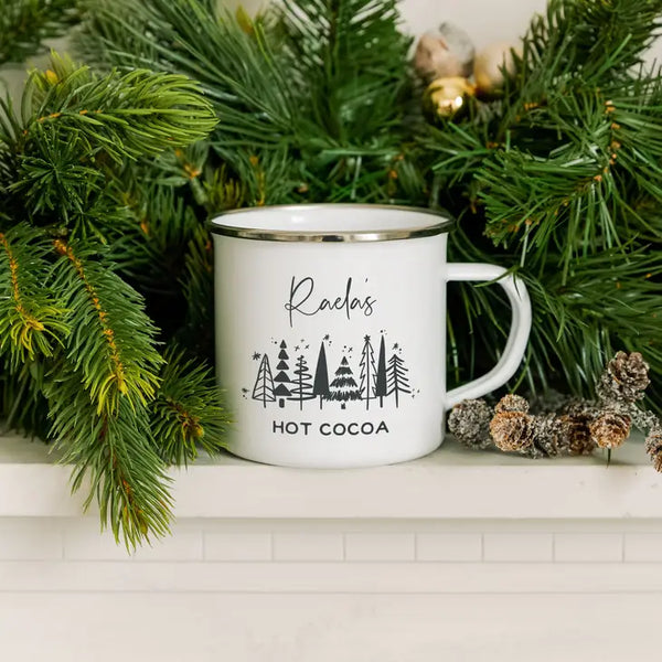 Personalized White Enamel Stainless Steel Coffee Mug - Winter Pines