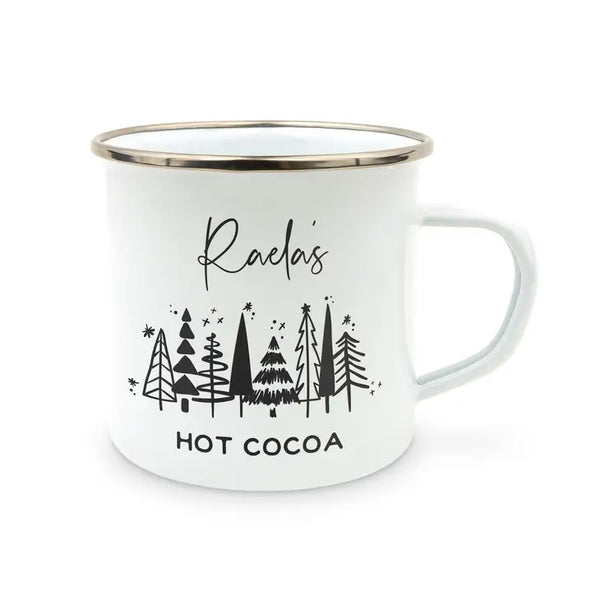 Personalized White Enamel Stainless Steel Coffee Mug - Winter Pines