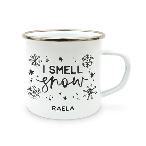 Personalized White Enamel Stainless Steel Coffee Mug - I Smell Snow