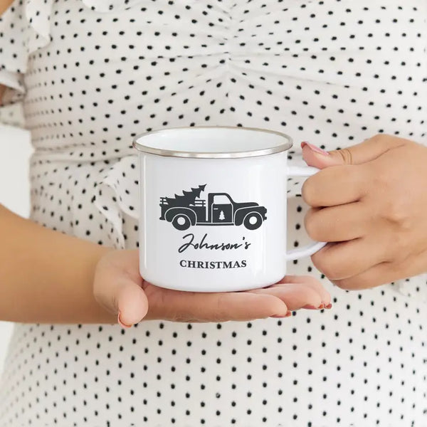 Personalized White Enamel Stainless Steel Coffee Mug - Christmas Truck