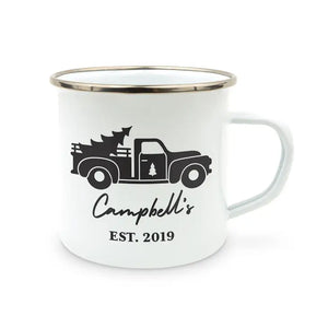 Personalized White Enamel Stainless Steel Coffee Mug - Christmas Truck